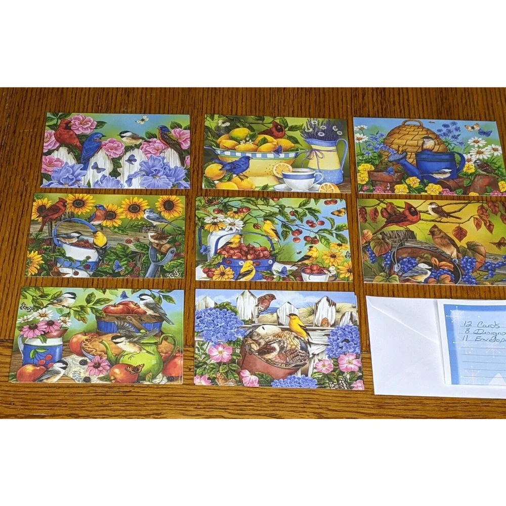 Blank Notes Notecards Set 12 Birds Flowers Fruit Seasons Jane Maday 6 x 4